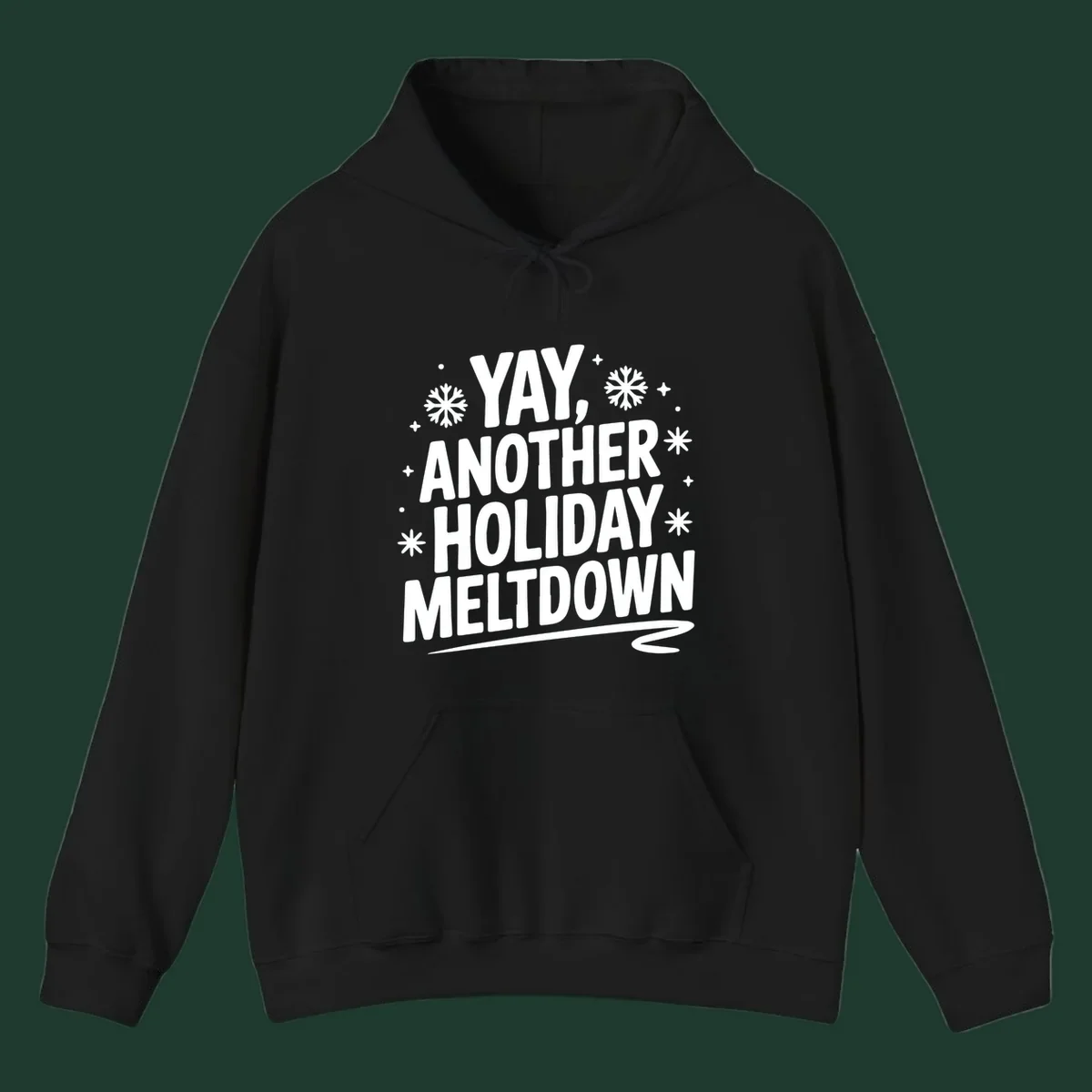 Yay Another Holiday Meltdown typography with snowflakes graphic.