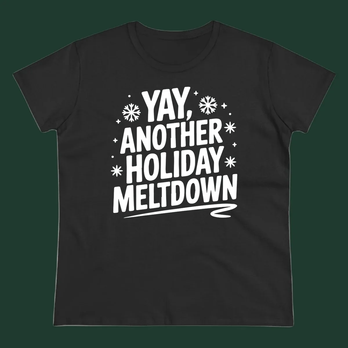 Yay Another Holiday Meltdown typography with snowflakes graphic.