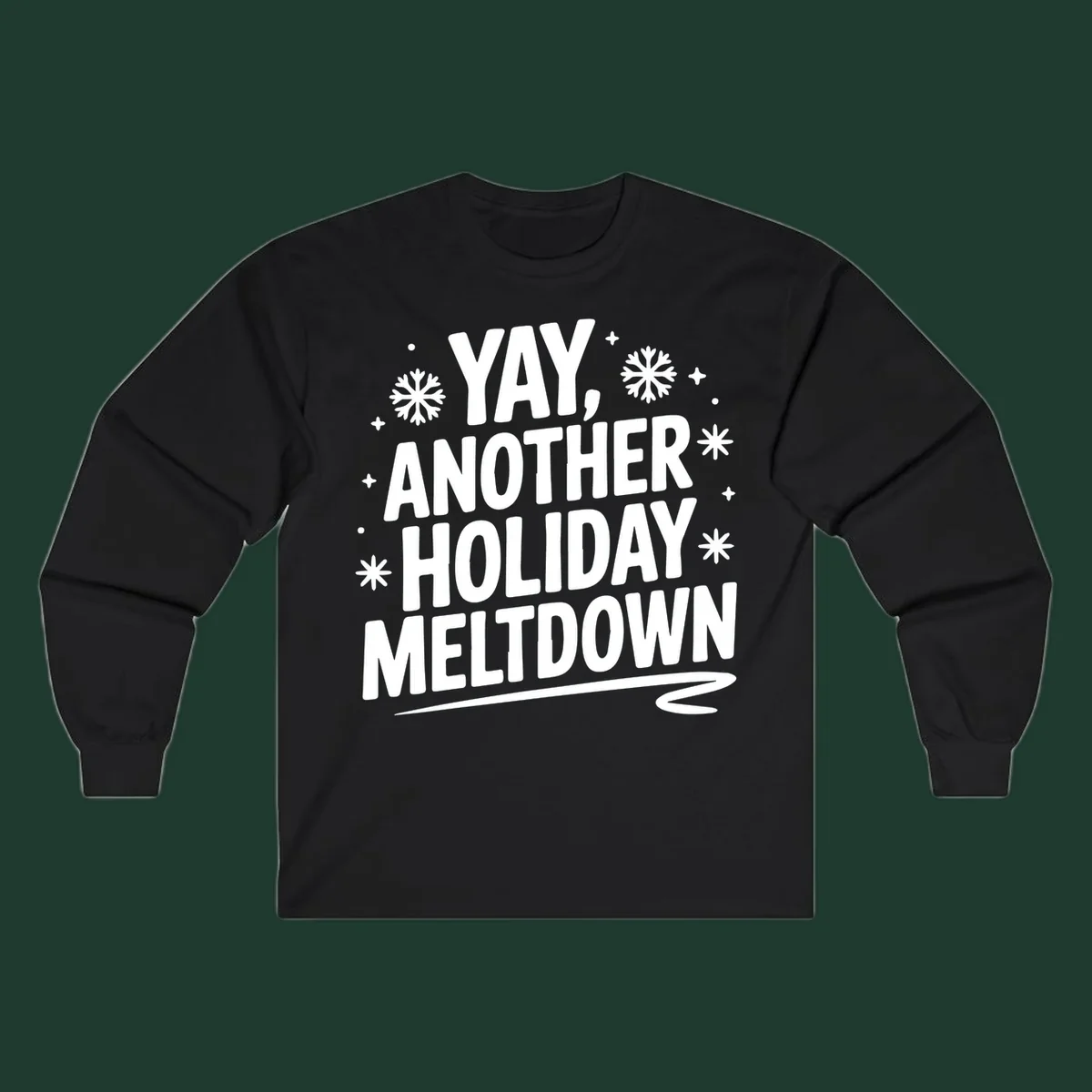 Yay Another Holiday Meltdown typography with snowflakes graphic.