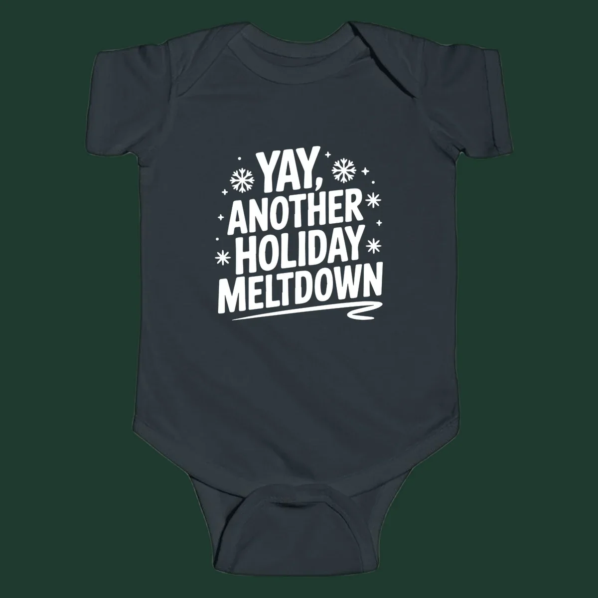 Yay Another Holiday Meltdown typography with snowflakes graphic.