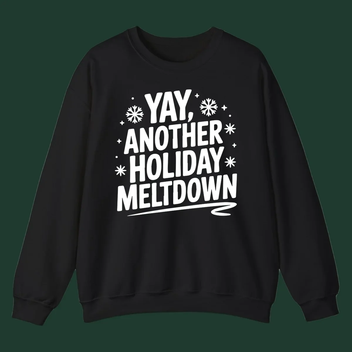 Yay Another Holiday Meltdown typography with snowflakes graphic.