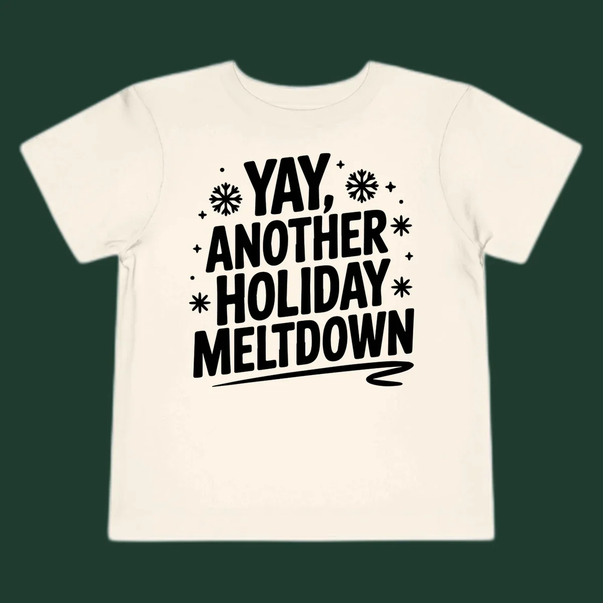 Yay Another Holiday Meltdown typography with snowflakes graphic.