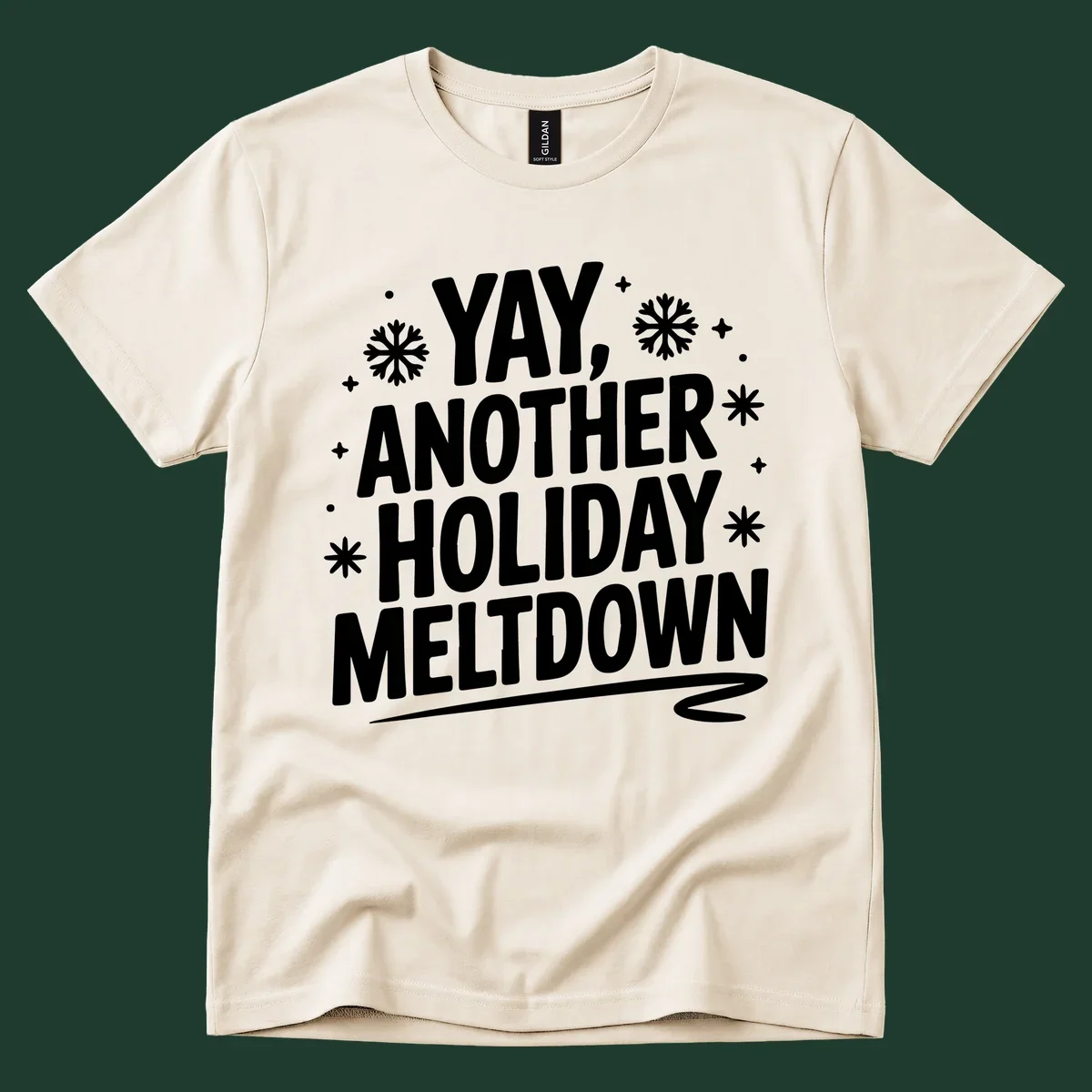 Yay Another Holiday Meltdown typography with snowflakes graphic.
