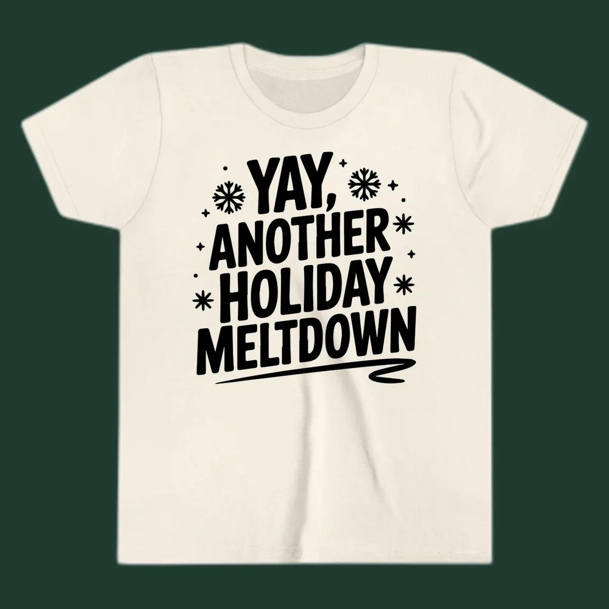 Yay Another Holiday Meltdown typography with snowflakes graphic.