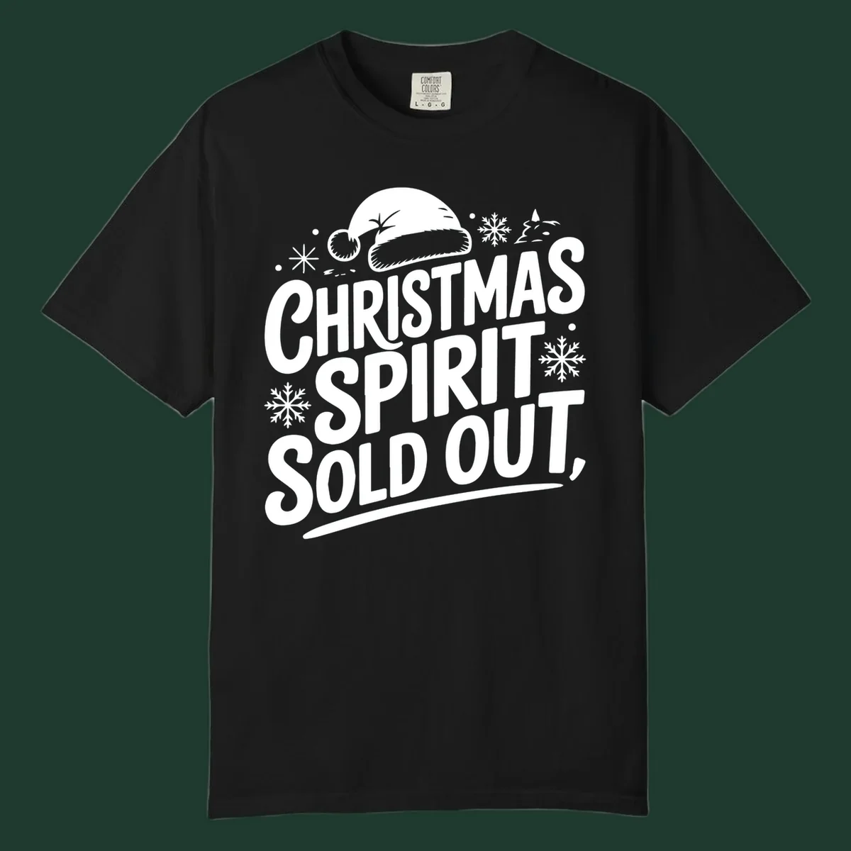 Christmas spirit sold out text with santa hat and snowflakes graphic