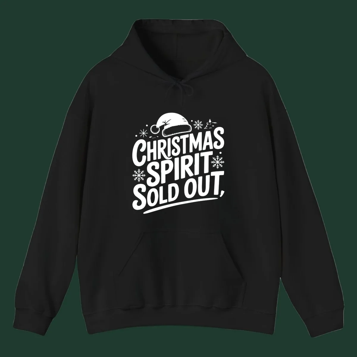 Christmas spirit sold out text with santa hat and snowflakes graphic
