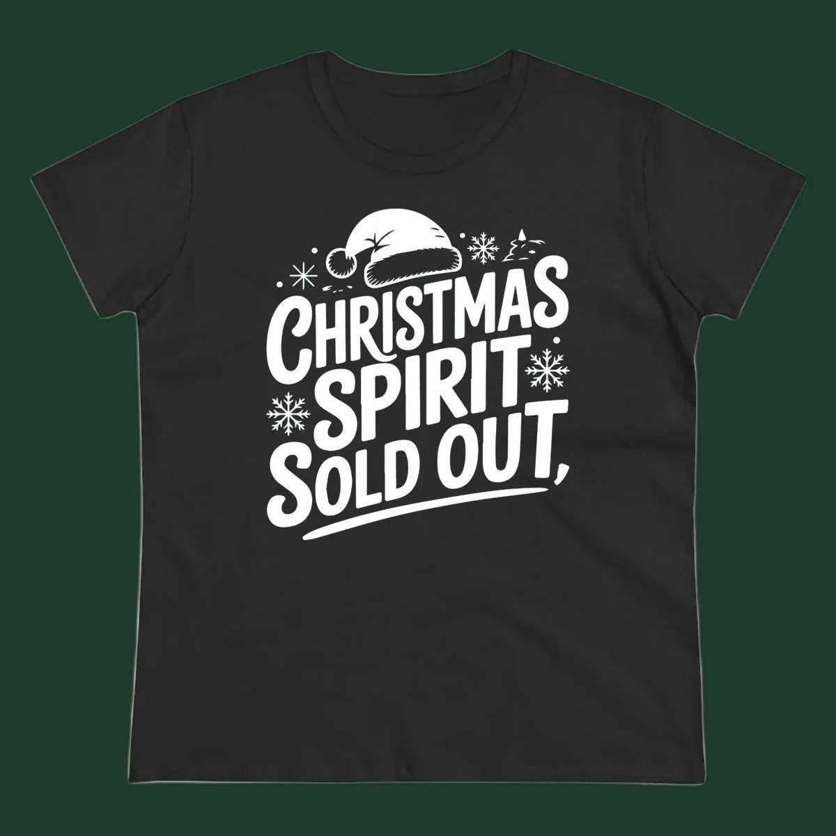 Christmas spirit sold out text with santa hat and snowflakes graphic