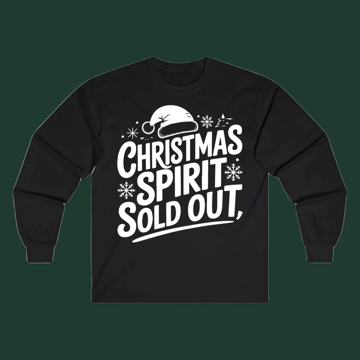 Christmas spirit sold out text with santa hat and snowflakes graphic
