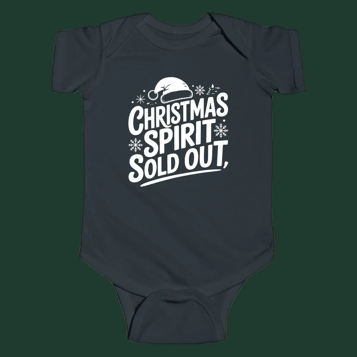 Christmas spirit sold out text with santa hat and snowflakes graphic