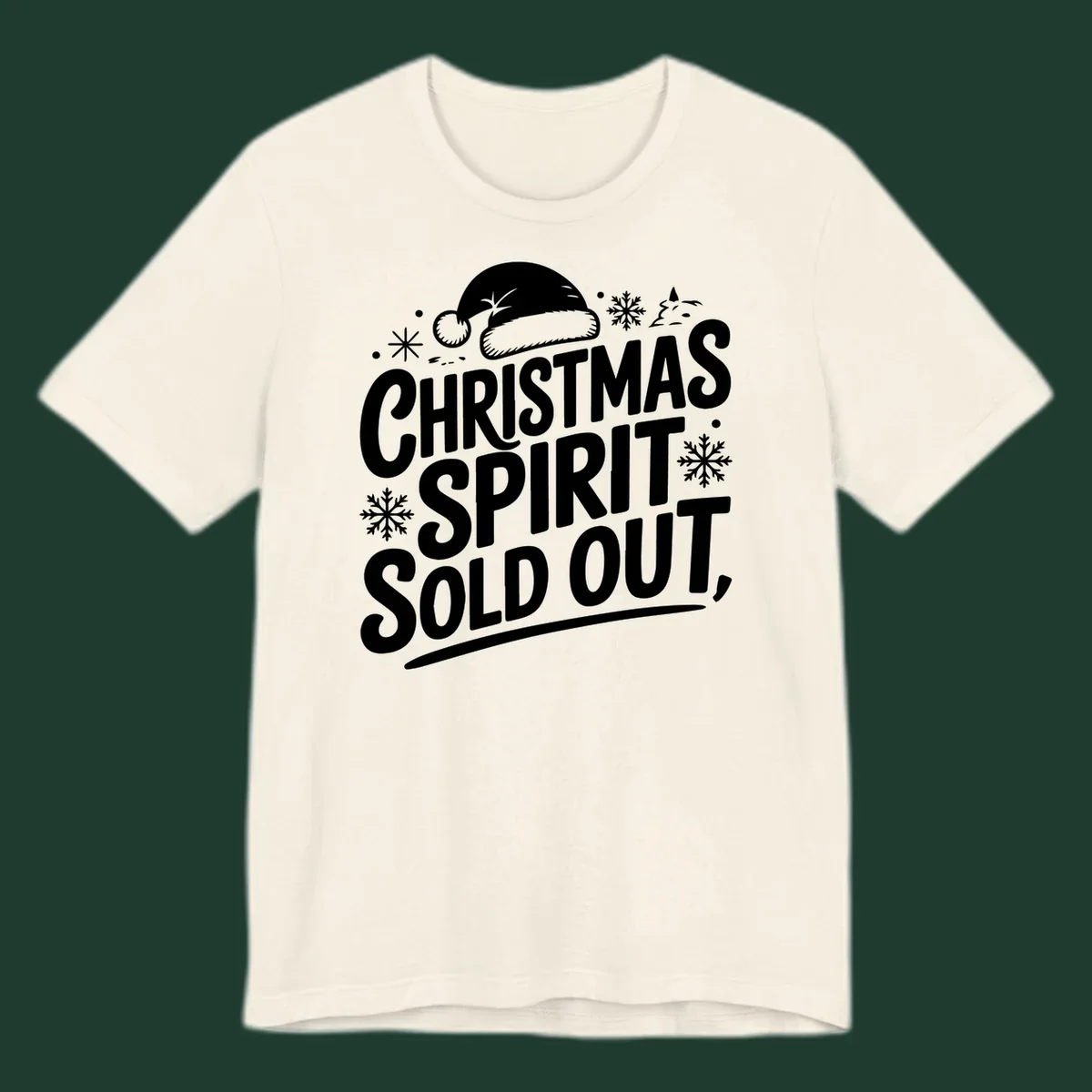 Christmas spirit sold out text with santa hat and snowflakes graphic