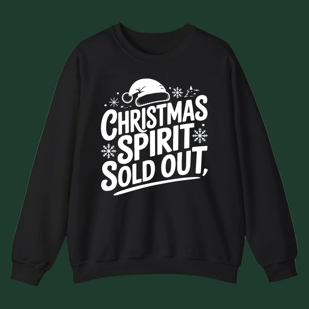 Christmas spirit sold out text with santa hat and snowflakes graphic