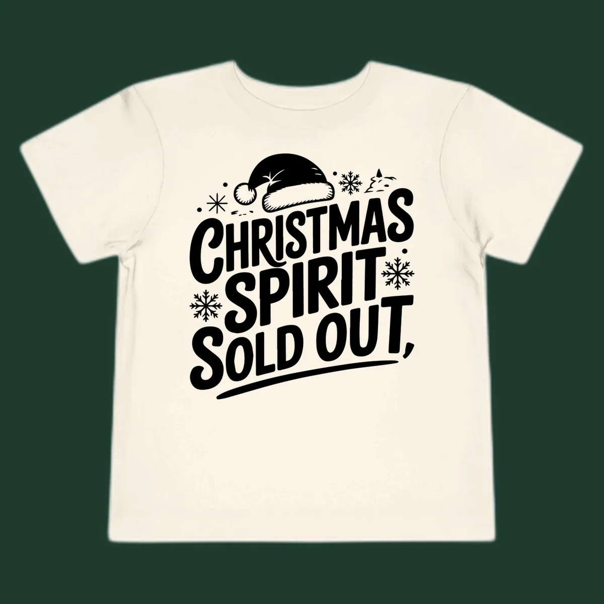 Christmas spirit sold out text with santa hat and snowflakes graphic