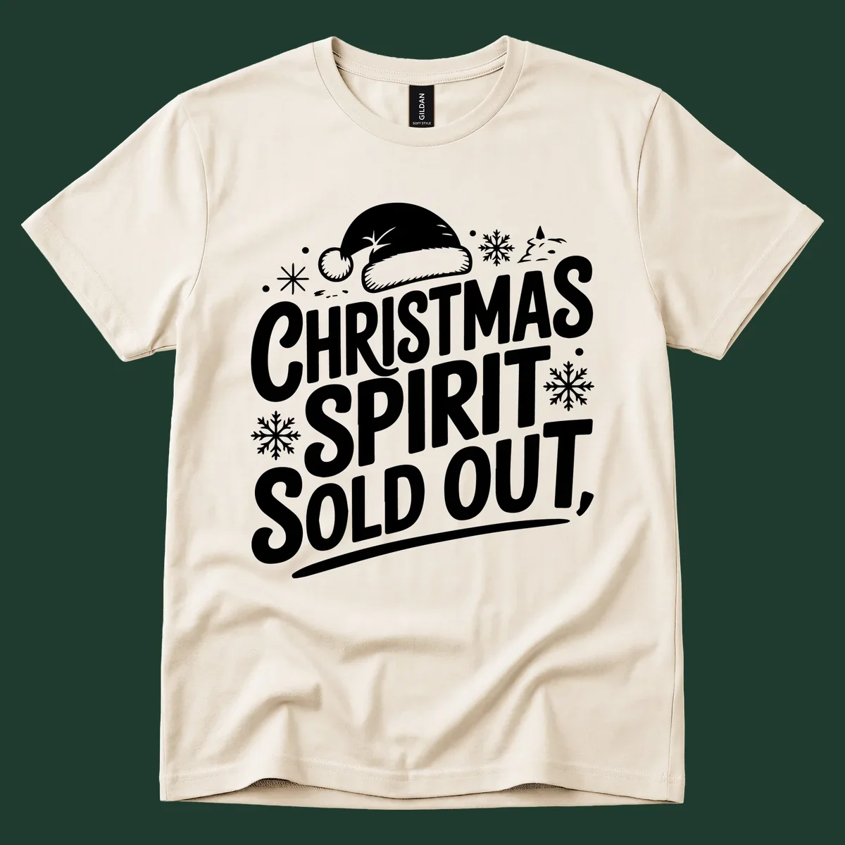 Christmas spirit sold out text with santa hat and snowflakes graphic