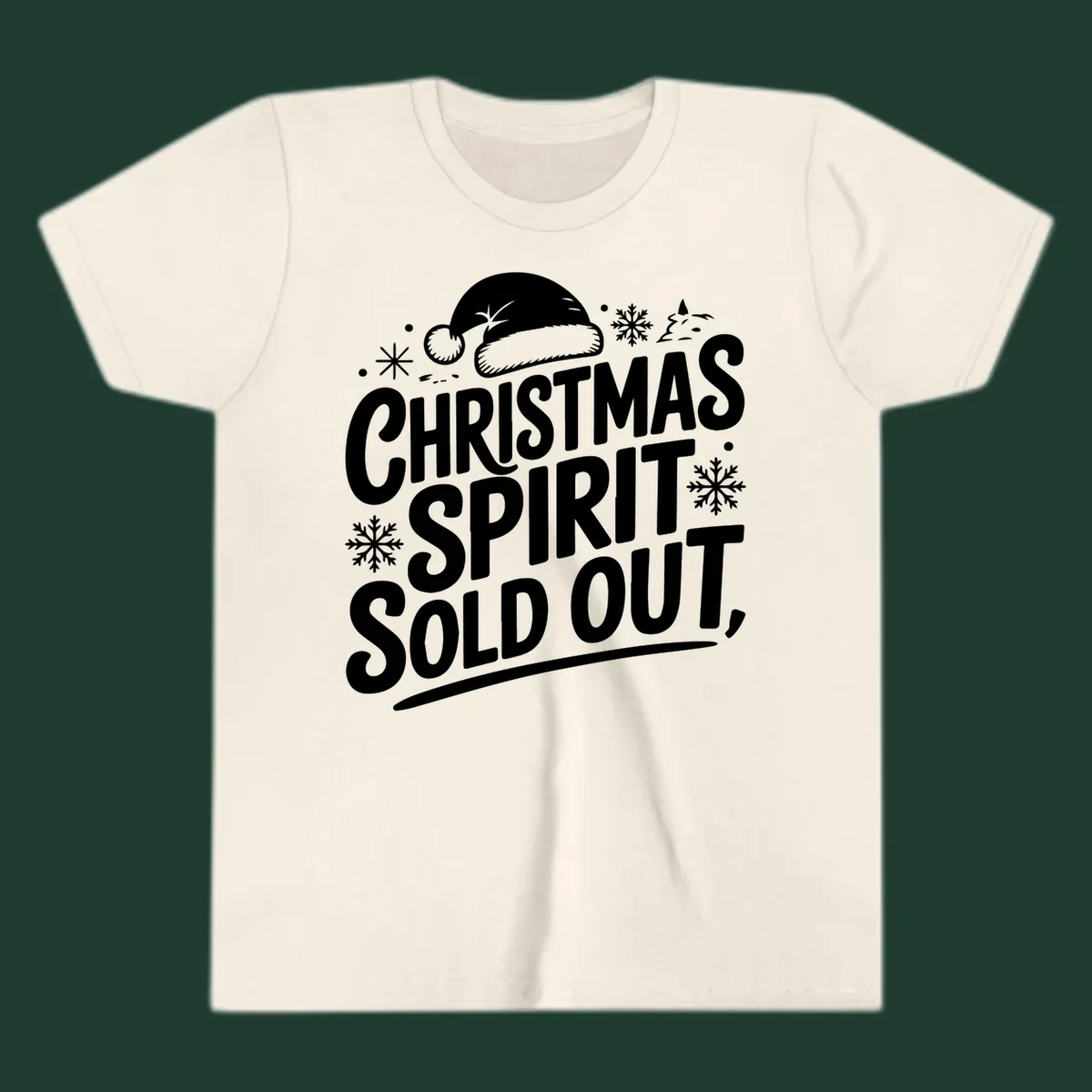 Christmas spirit sold out text with santa hat and snowflakes graphic