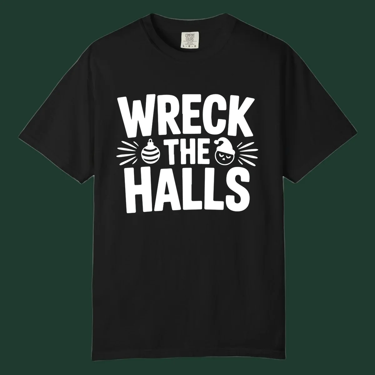 Wreck the halls christmas phrase design with ornament and santa hat illustration.