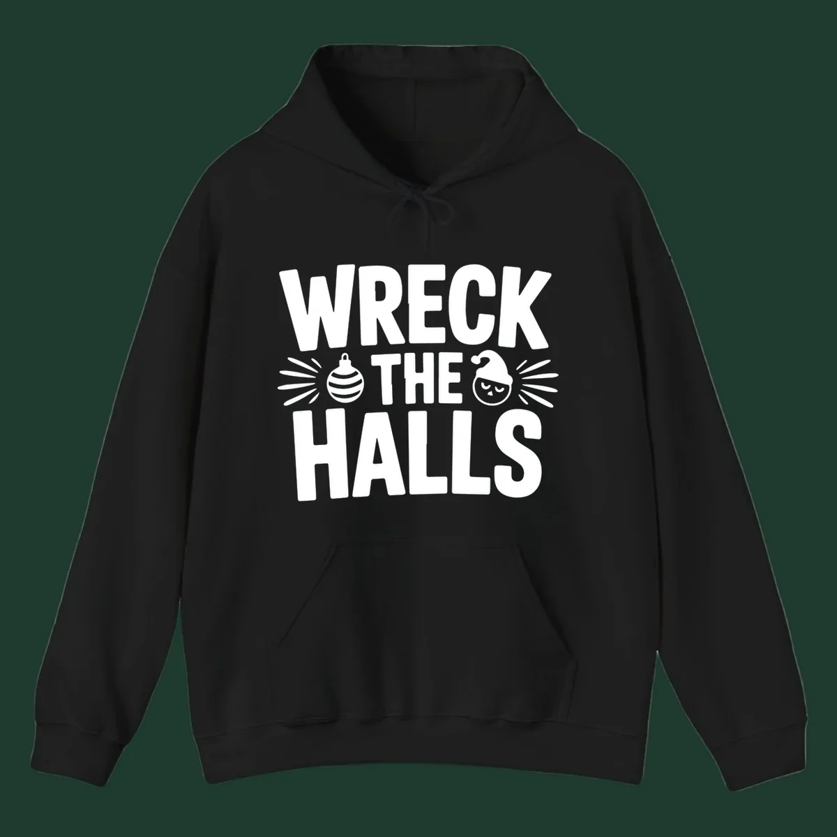 Wreck the halls christmas phrase design with ornament and santa hat illustration.