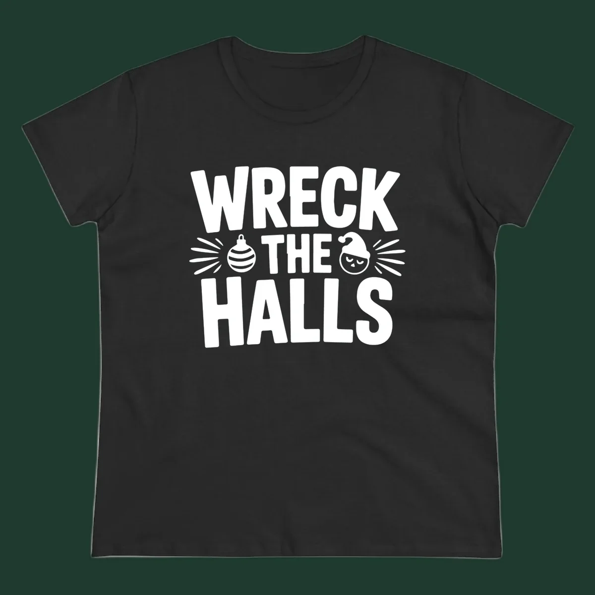 Wreck the halls christmas phrase design with ornament and santa hat illustration.