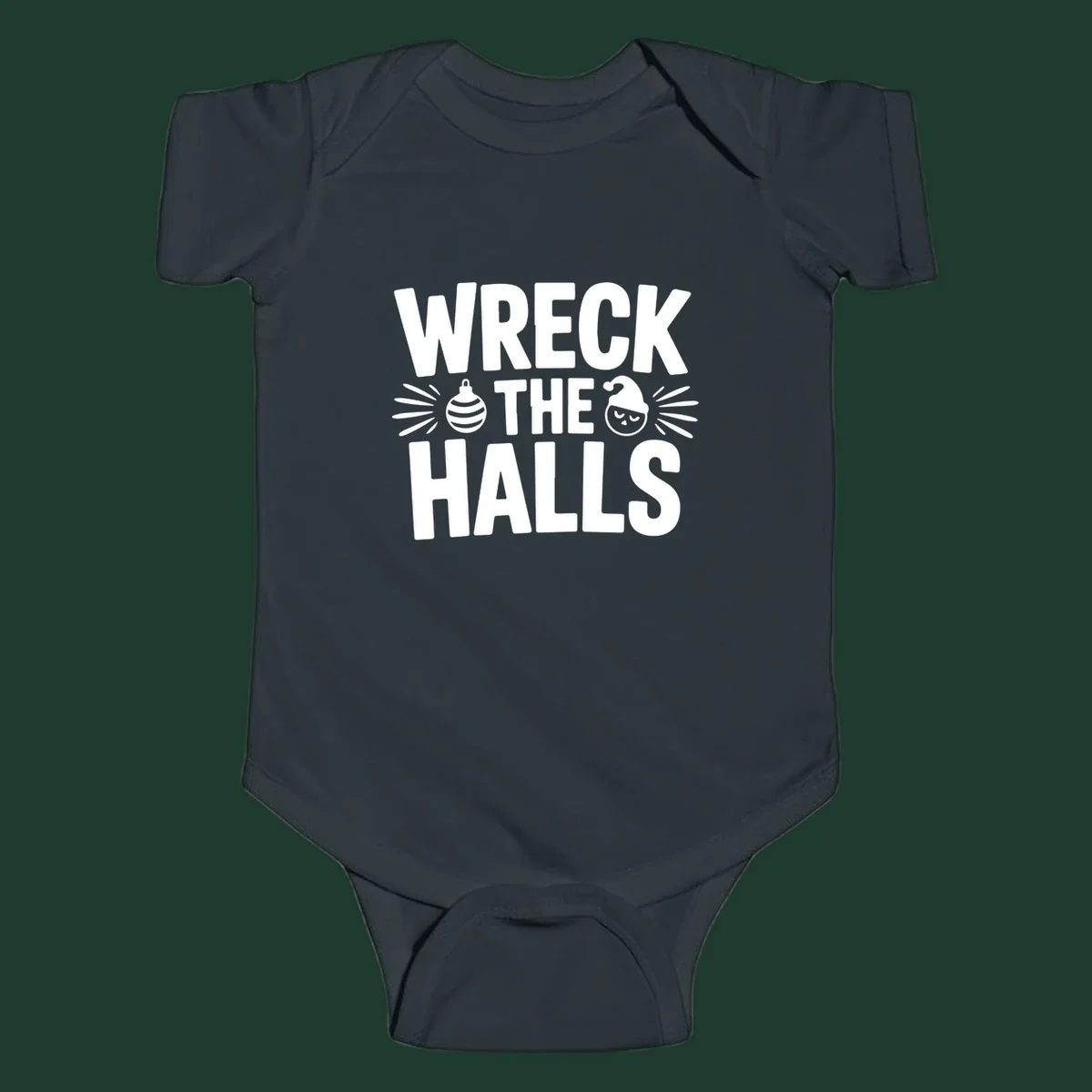 Wreck the halls christmas phrase design with ornament and santa hat illustration.
