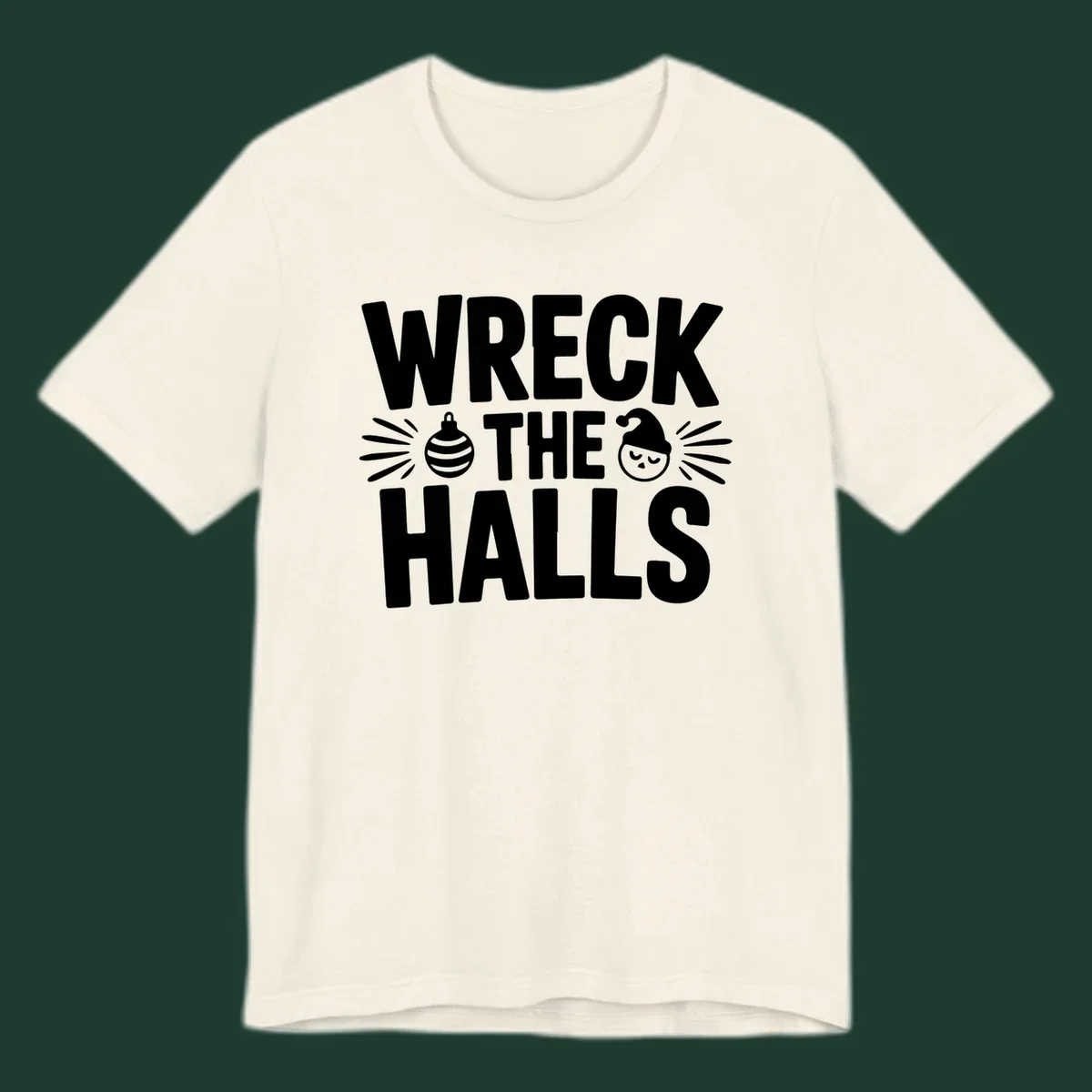 Wreck the halls christmas phrase design with ornament and santa hat illustration.