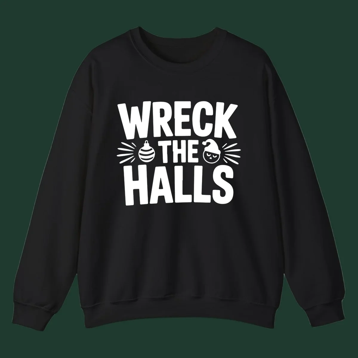 Wreck the halls christmas phrase design with ornament and santa hat illustration.