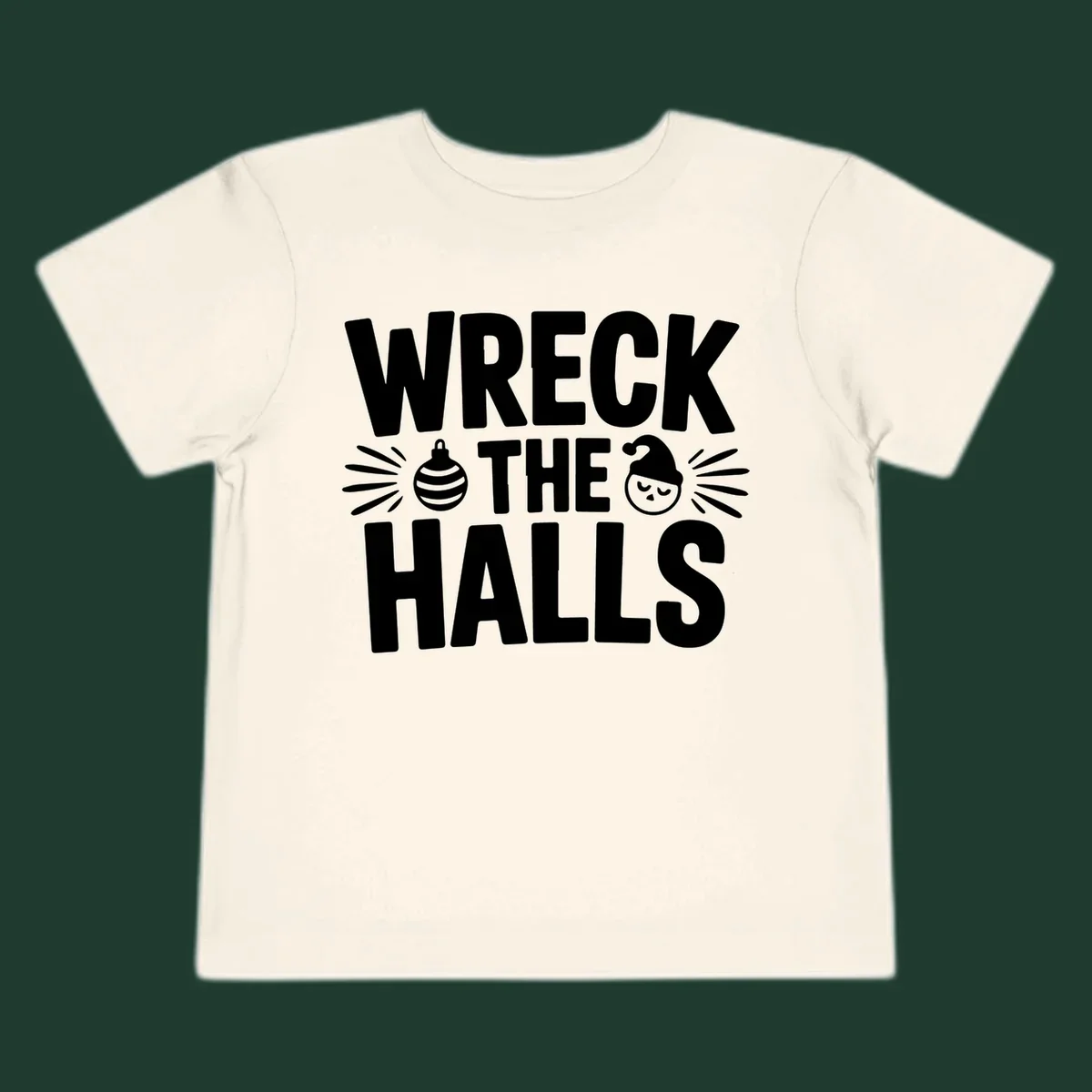 Wreck the halls christmas phrase design with ornament and santa hat illustration.