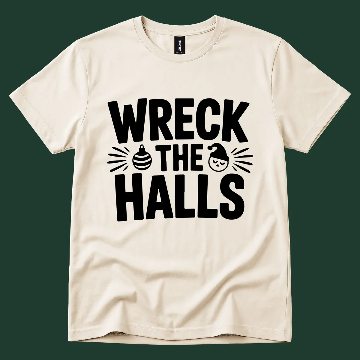 Wreck the halls christmas phrase design with ornament and santa hat illustration.