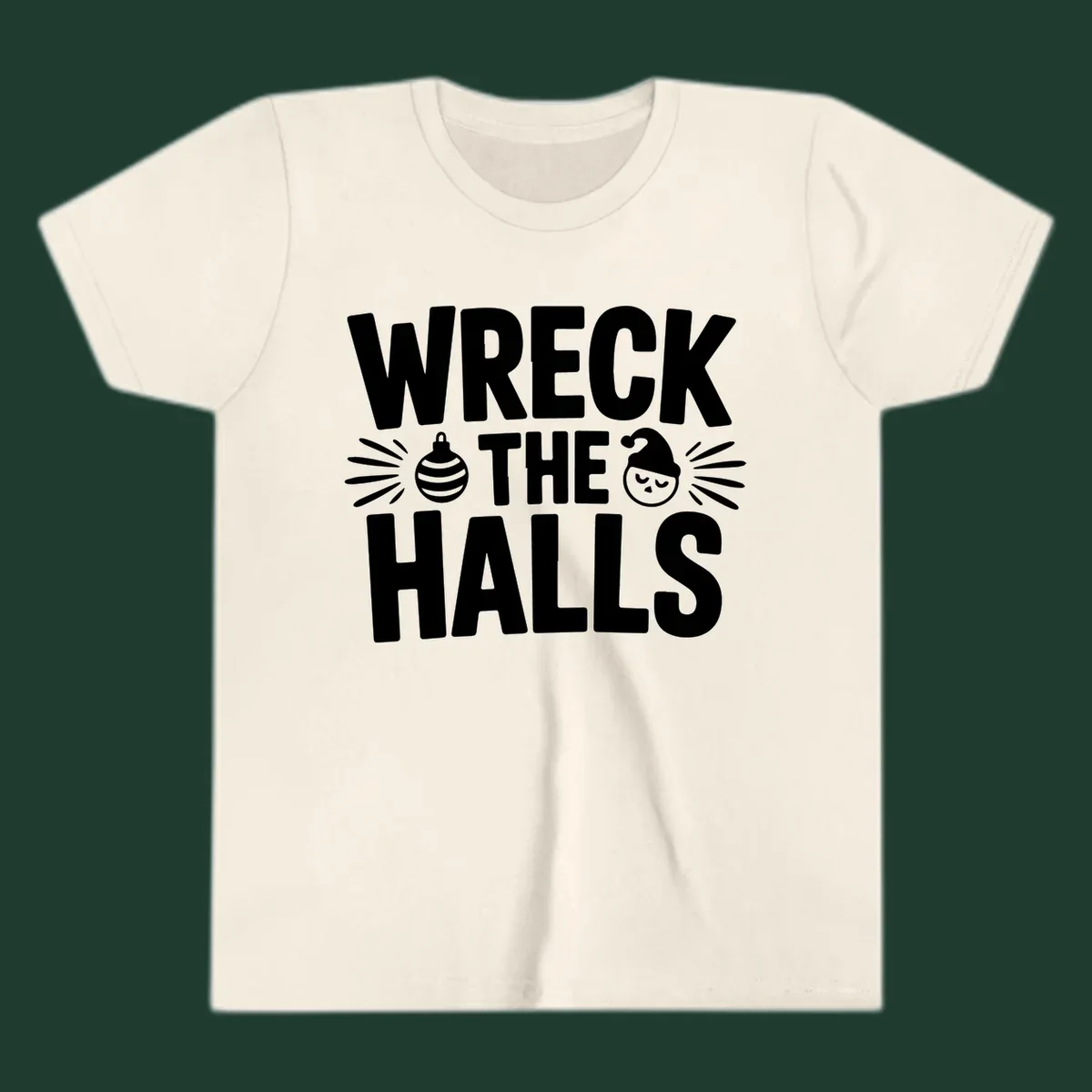 Wreck the halls christmas phrase design with ornament and santa hat illustration.