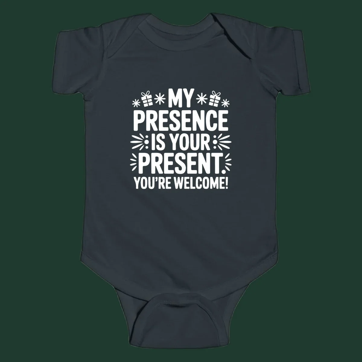 White text and graphics saying My Presence Is Your Present. You're Welcome!