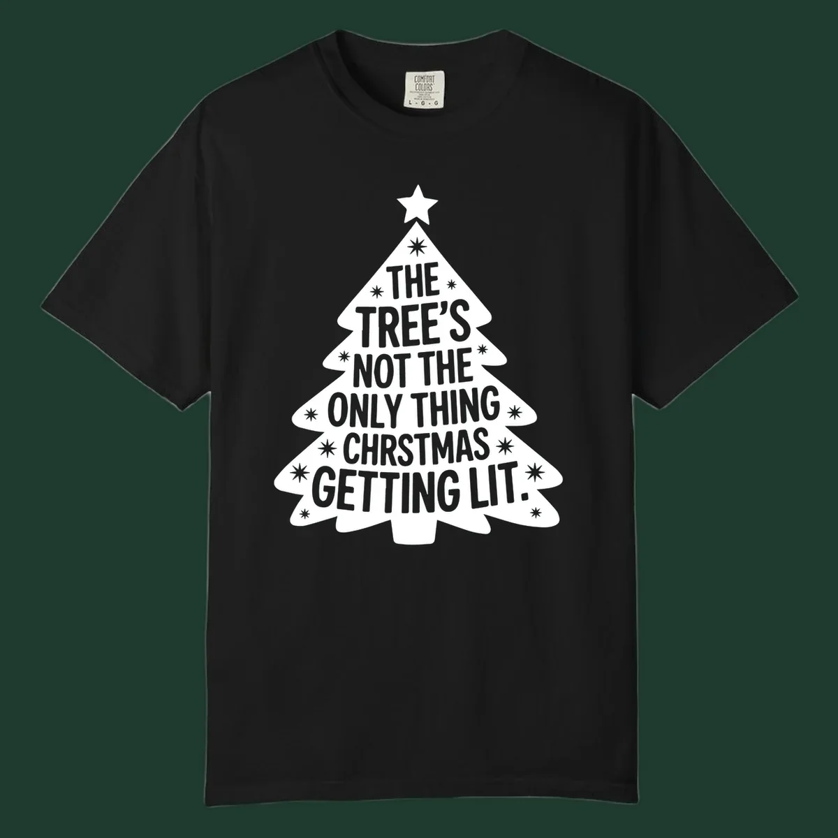 Christmas tree illustration with text 'The Tree's Not The Only Thing Christmas Getting Lit.'