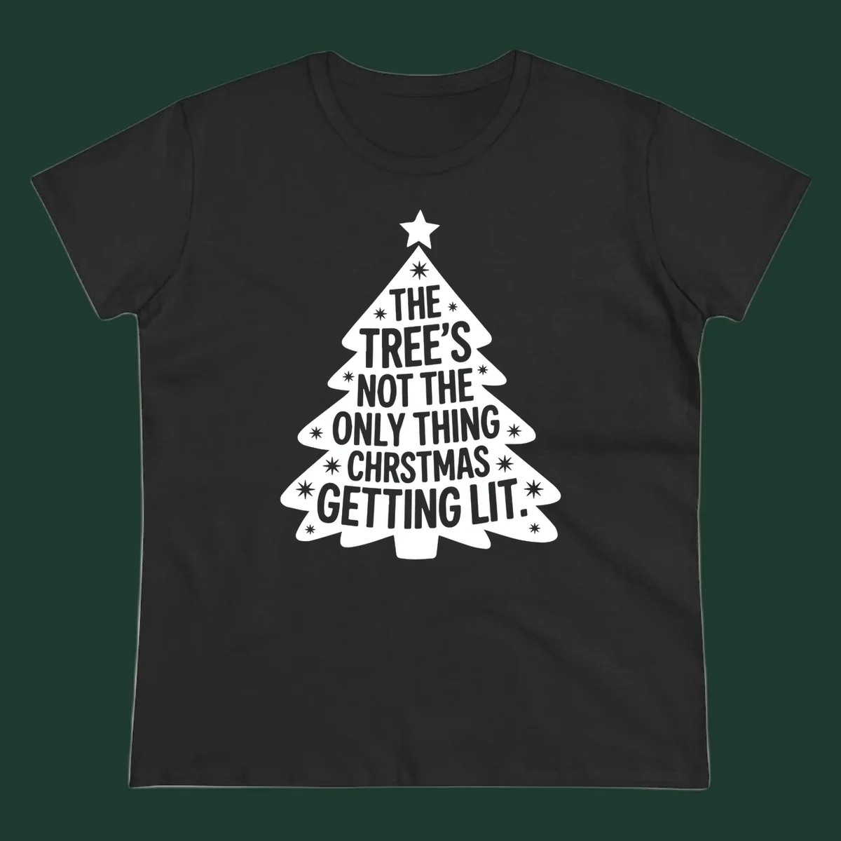 Christmas tree illustration with text 'The Tree's Not The Only Thing Christmas Getting Lit.'