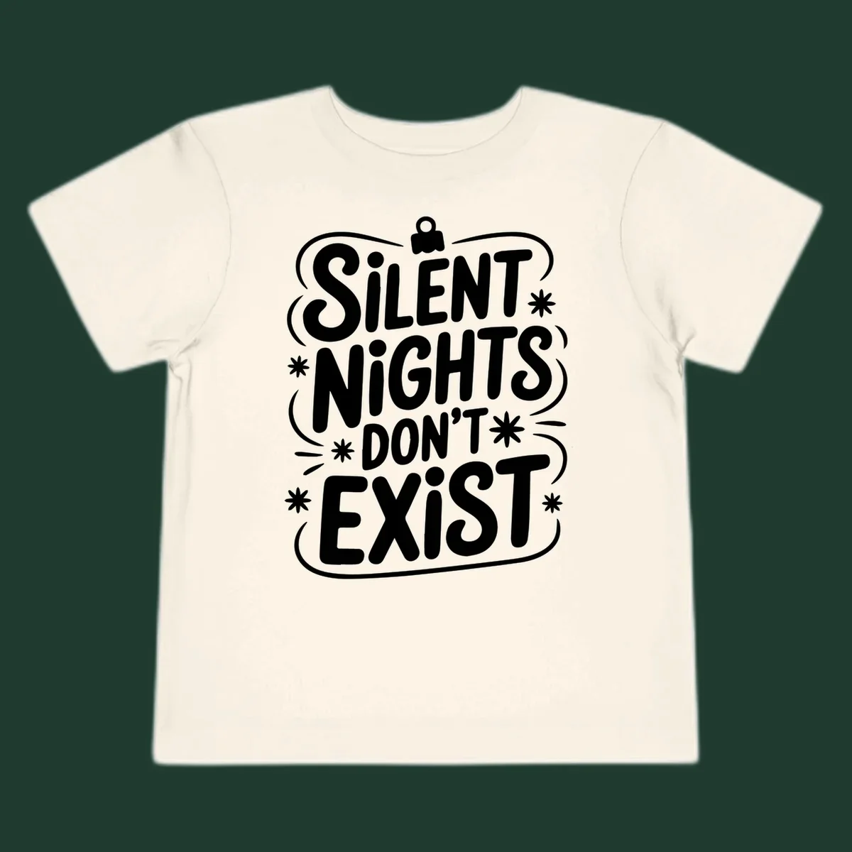 Silent nights don't exist typography design with stars and ornament.