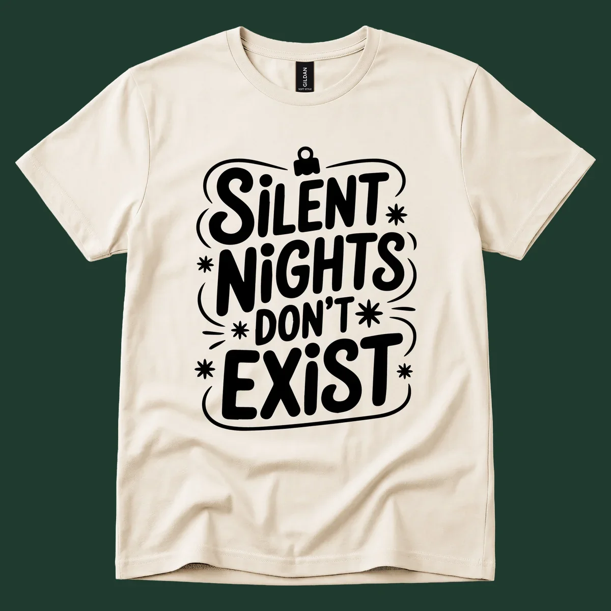 Silent nights don't exist typography design with stars and ornament.
