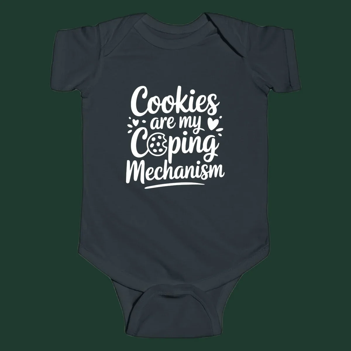 Cookies are my coping mechanism text with cookie illustration, white on black.