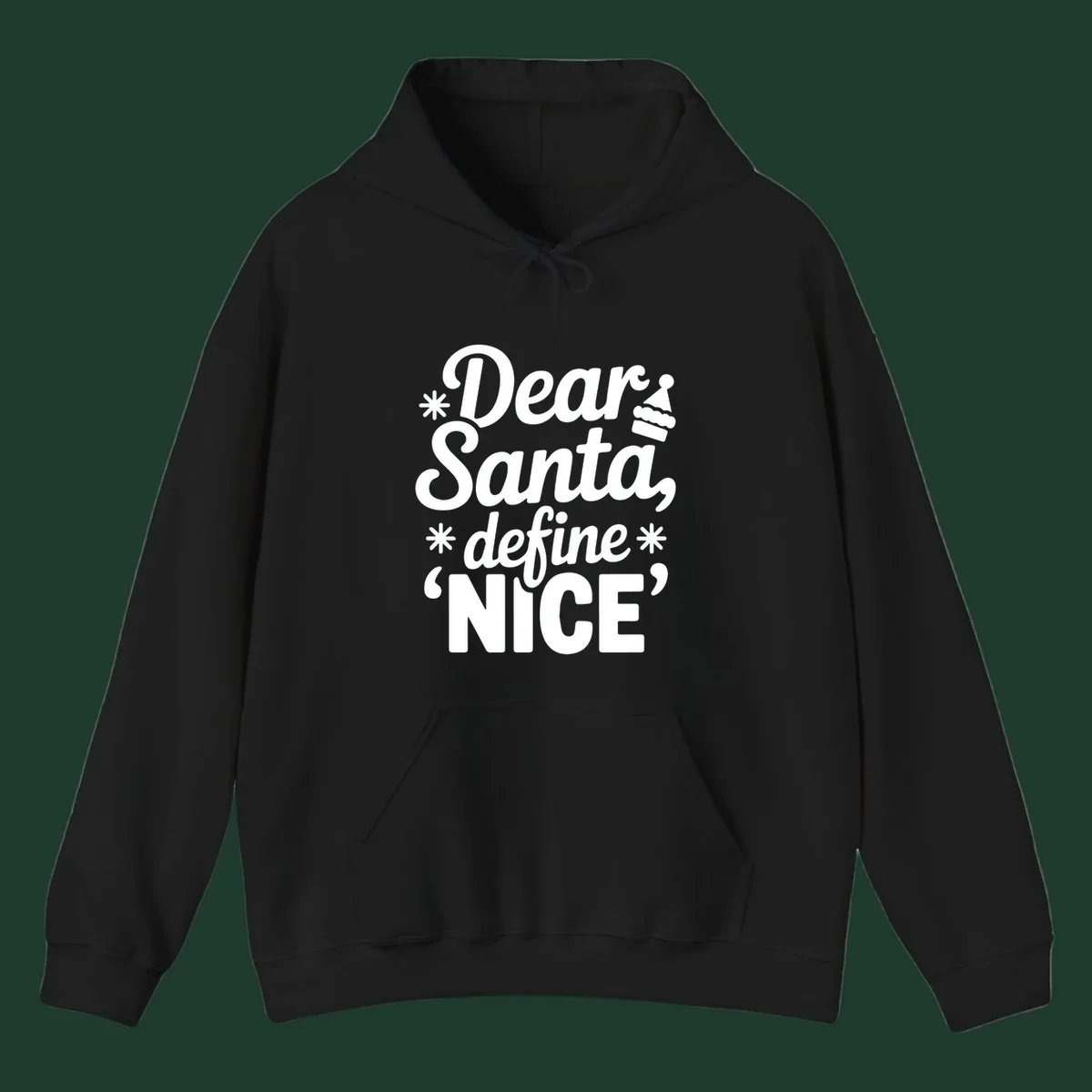 Black t-shirt design with white text asking 'Dear Santa, define NICE', accented by snowflakes and a Santa hat.