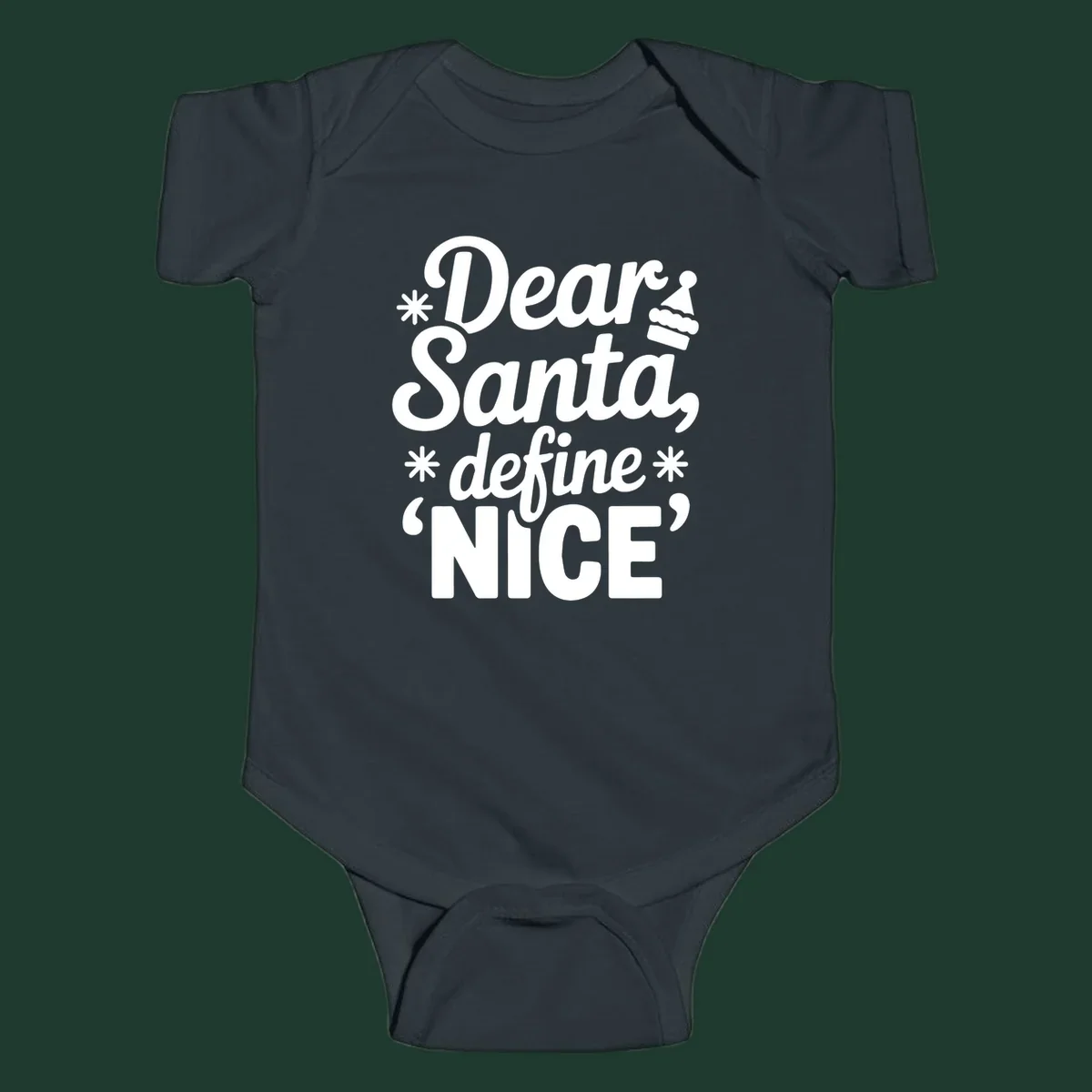 Black t-shirt design with white text asking 'Dear Santa, define NICE', accented by snowflakes and a Santa hat.