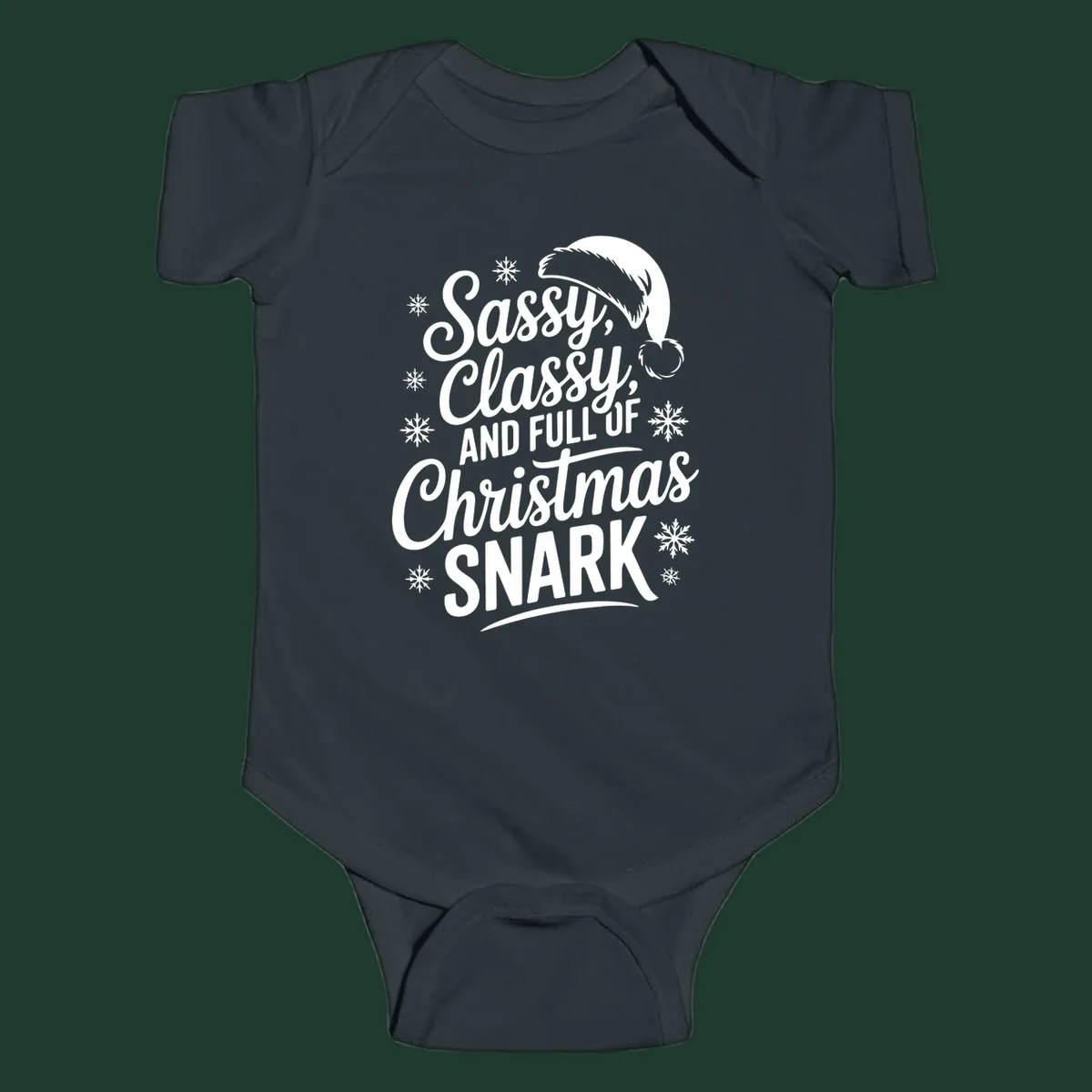 Sassy Classy Christmas Snark typography design with snowflakes and Santa hat.