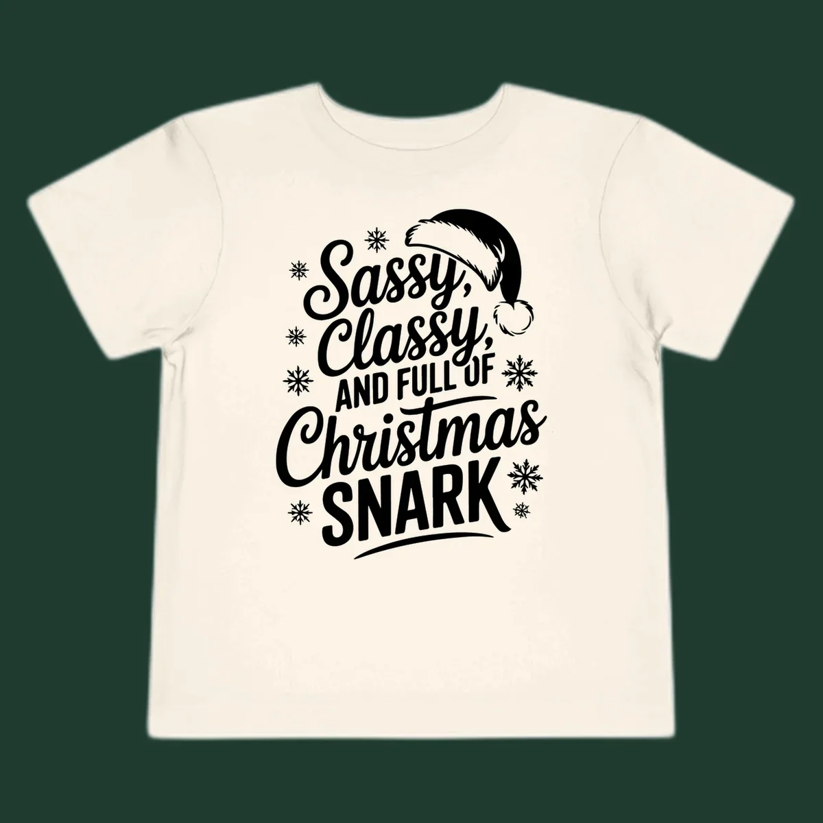 Sassy Classy Christmas Snark typography design with snowflakes and Santa hat.