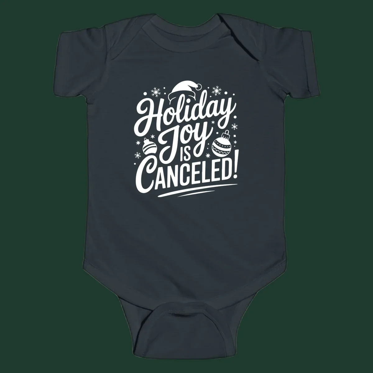 Holiday Joy Is Canceled text design with Santa hat and ornaments.
