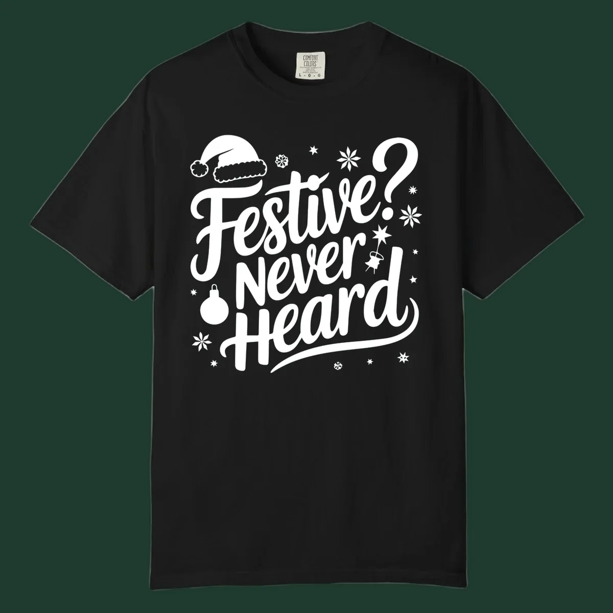 Festive Never Heard text with Christmas illustrations, Santa hat, snowflakes, and ornaments.