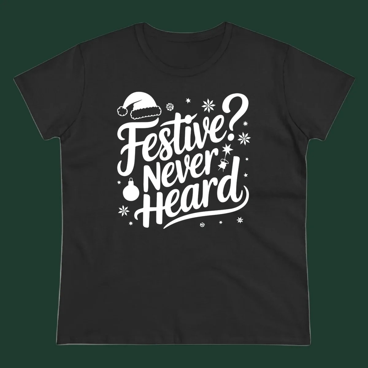 Festive Never Heard text with Christmas illustrations, Santa hat, snowflakes, and ornaments.