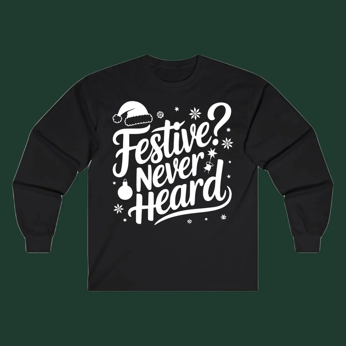 Festive Never Heard text with Christmas illustrations, Santa hat, snowflakes, and ornaments.