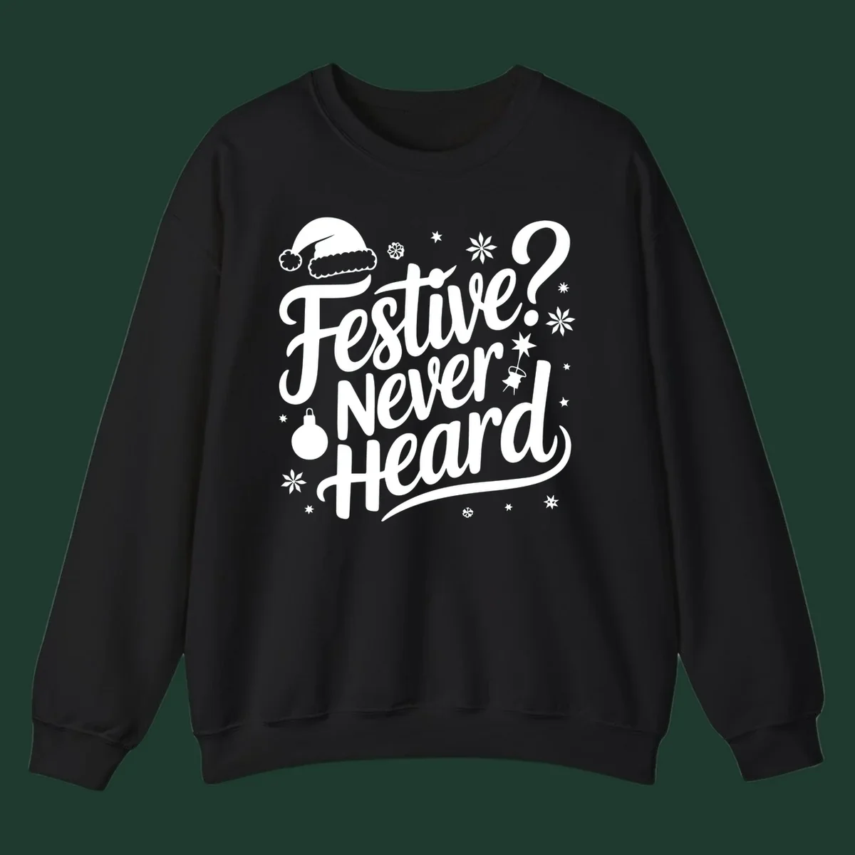 Festive Never Heard text with Christmas illustrations, Santa hat, snowflakes, and ornaments.