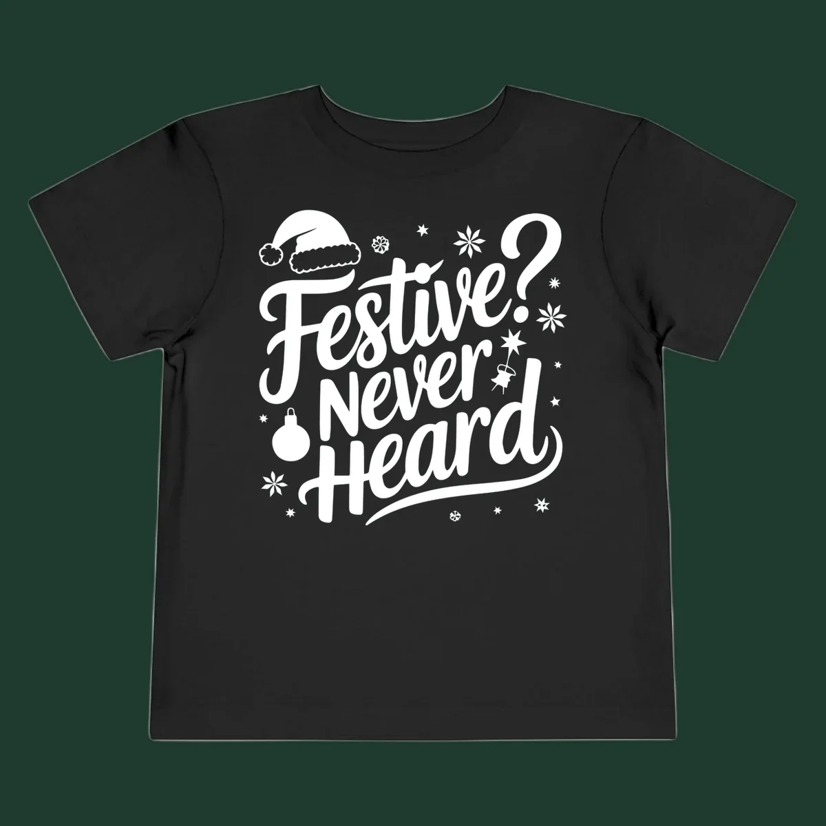 Festive Never Heard text with Christmas illustrations, Santa hat, snowflakes, and ornaments.