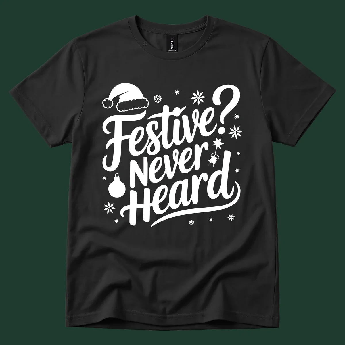 Festive Never Heard text with Christmas illustrations, Santa hat, snowflakes, and ornaments.
