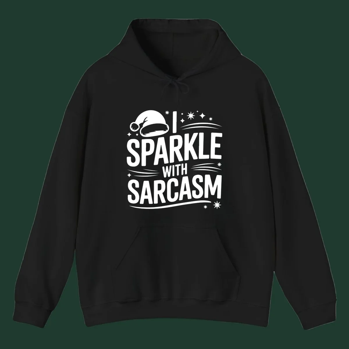 Graphic with Santa hat and text 'I SPARKLE WITH SARCASM', featuring stars and swirls.