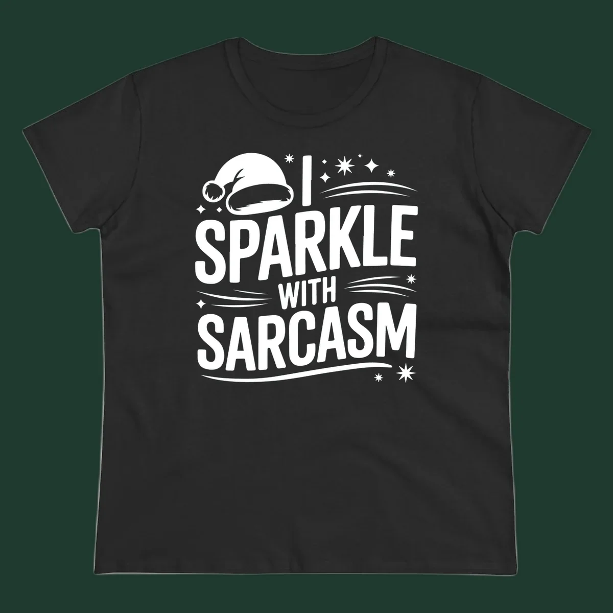 Graphic with Santa hat and text 'I SPARKLE WITH SARCASM', featuring stars and swirls.