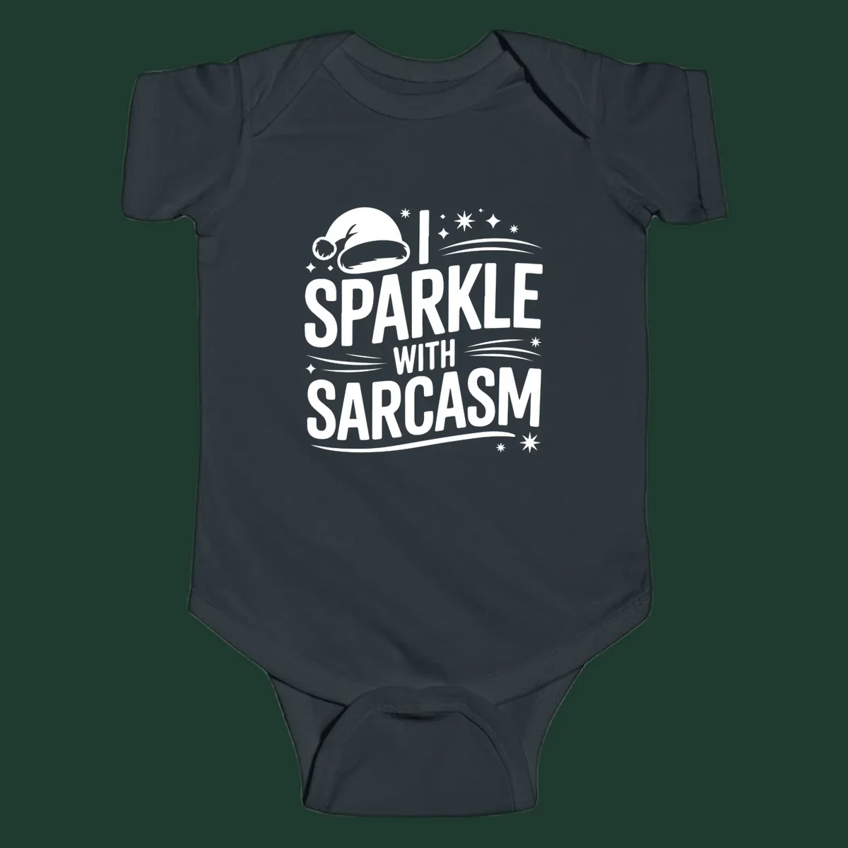 Graphic with Santa hat and text 'I SPARKLE WITH SARCASM', featuring stars and swirls.