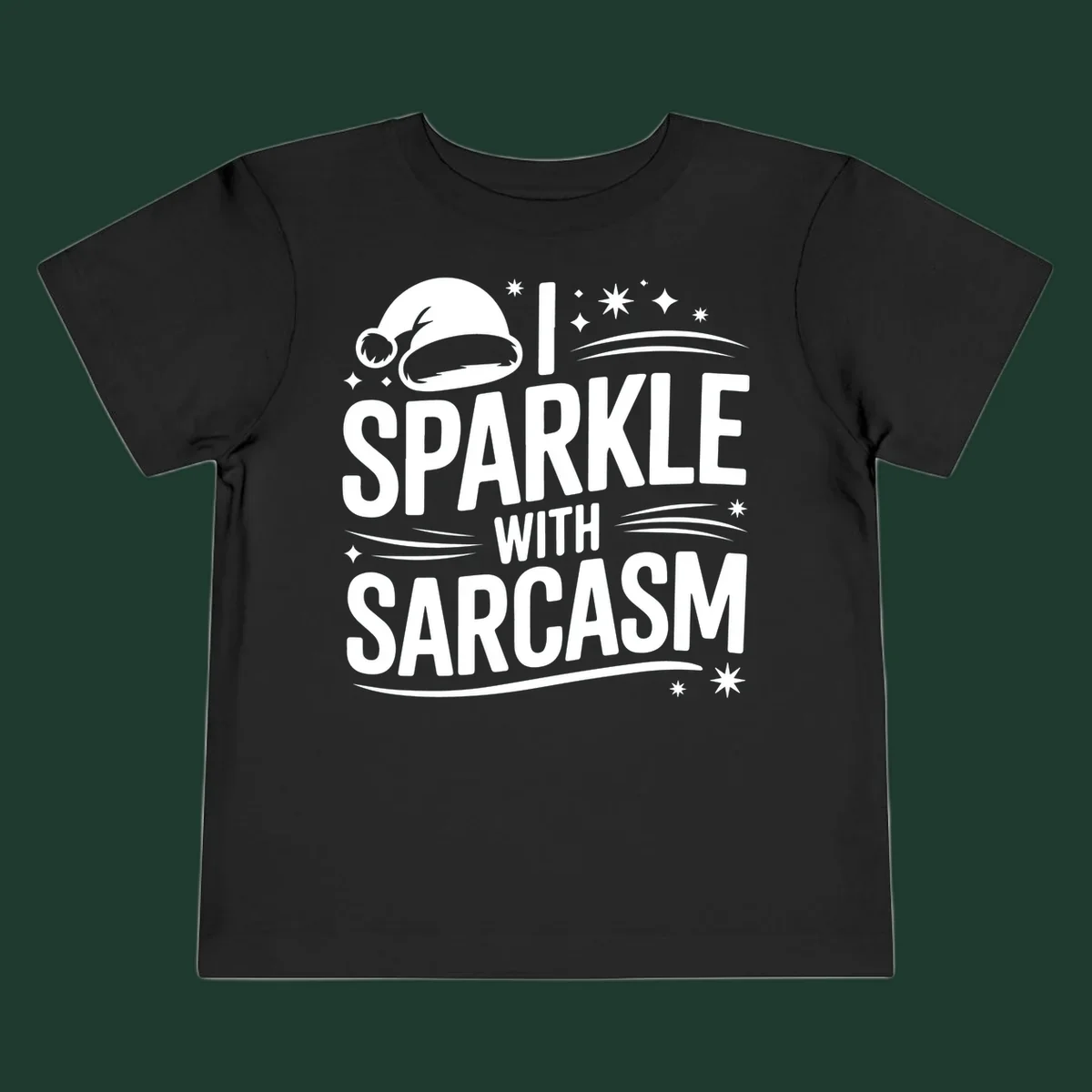Graphic with Santa hat and text 'I SPARKLE WITH SARCASM', featuring stars and swirls.