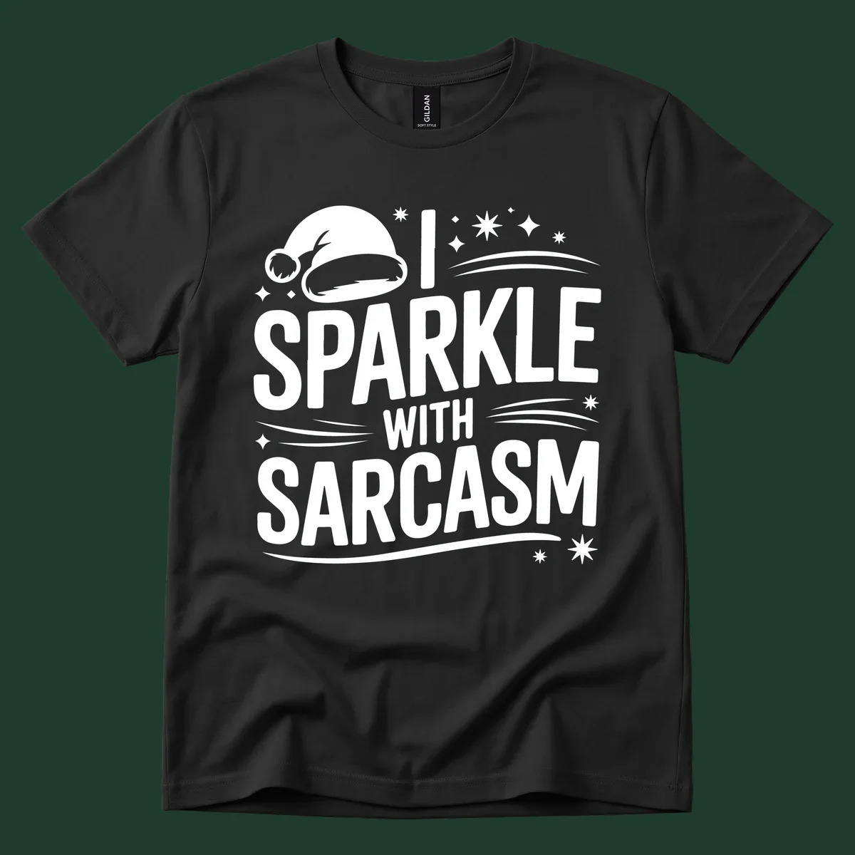 Graphic with Santa hat and text 'I SPARKLE WITH SARCASM', featuring stars and swirls.