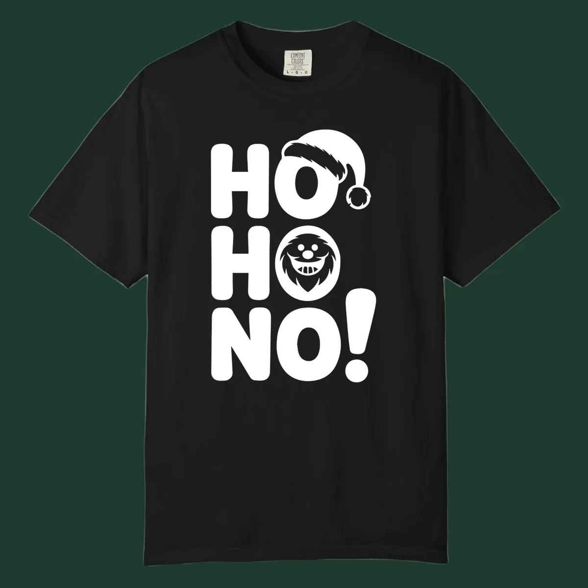 Ho ho no monster graphic with Santa hat and text on black or white background.